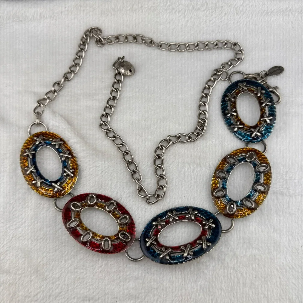 Vintage Chicos Belt Necklace Multicolor Enamel Hammered Silver Tone Links 42in